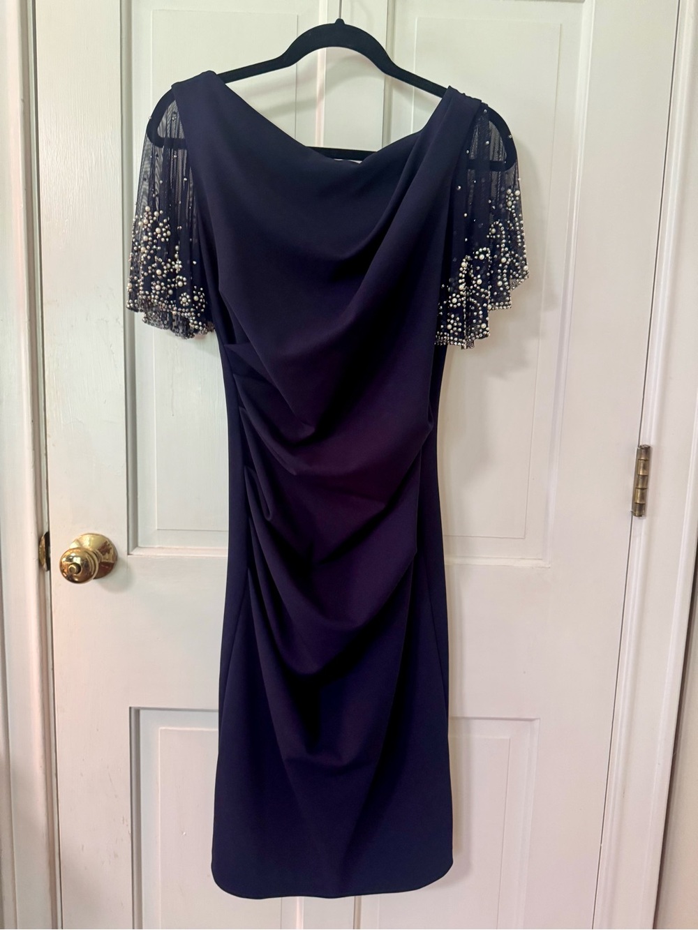 Betsy & Adam Navy Draped Midi Dress with Beaded Mesh Sleeves
